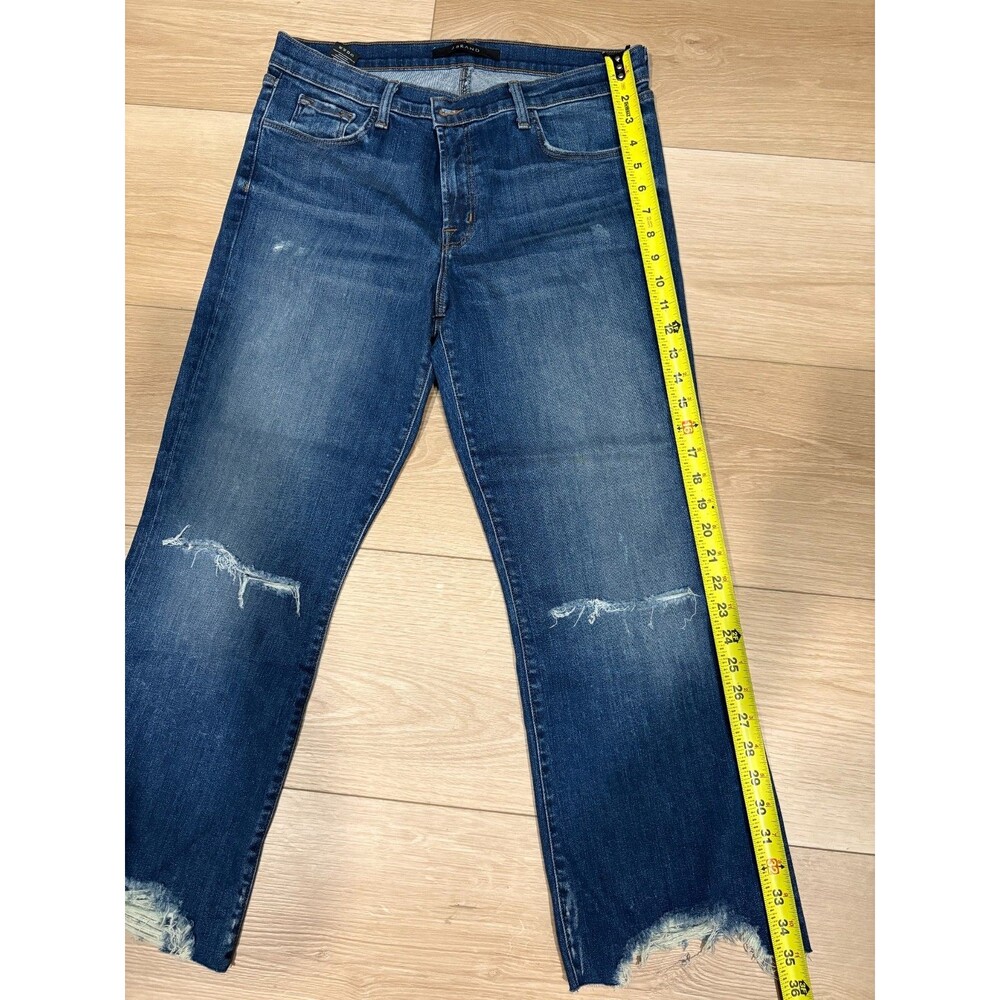 J Brand Women's 32 Mid Rise Cropped Bootcut Jeans Frayed Hem Distressed Knee Den - Picture 2 of 10